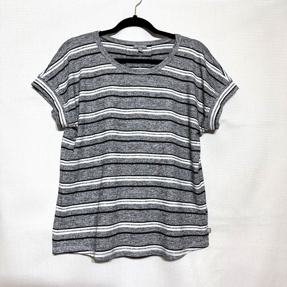 T By Talbots Women's Pleated Back Pullover Grey Multi Stripes Scoop Neck - L